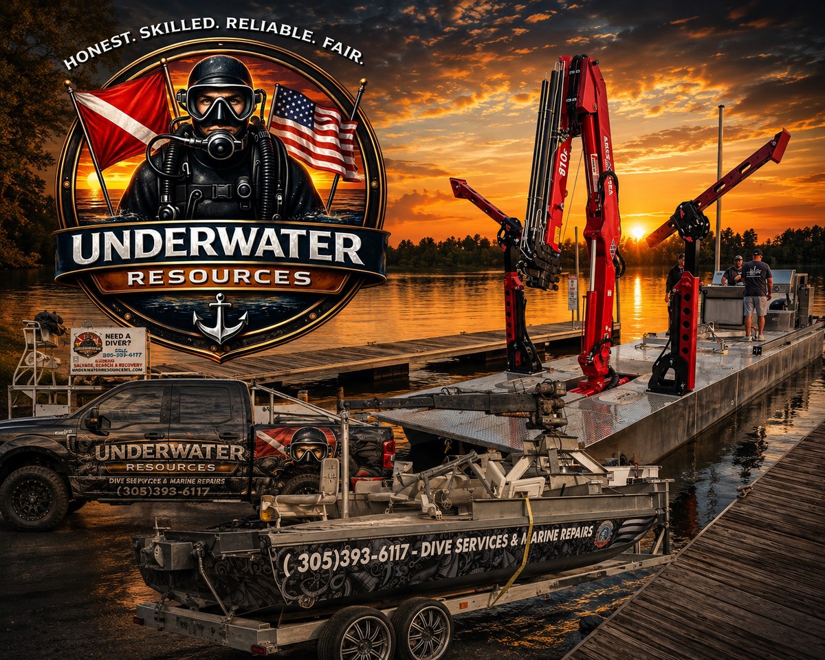 Underwater Resources dive truck and crane-equipped work barge at sunset
