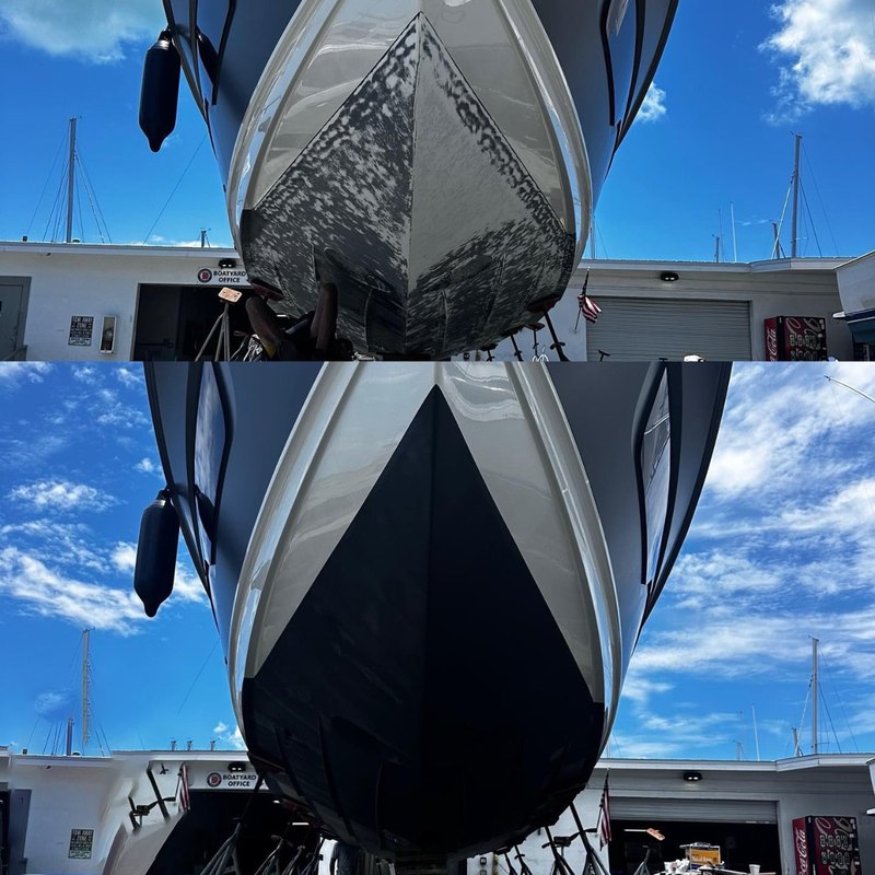 Boat bow bottom paint before and after