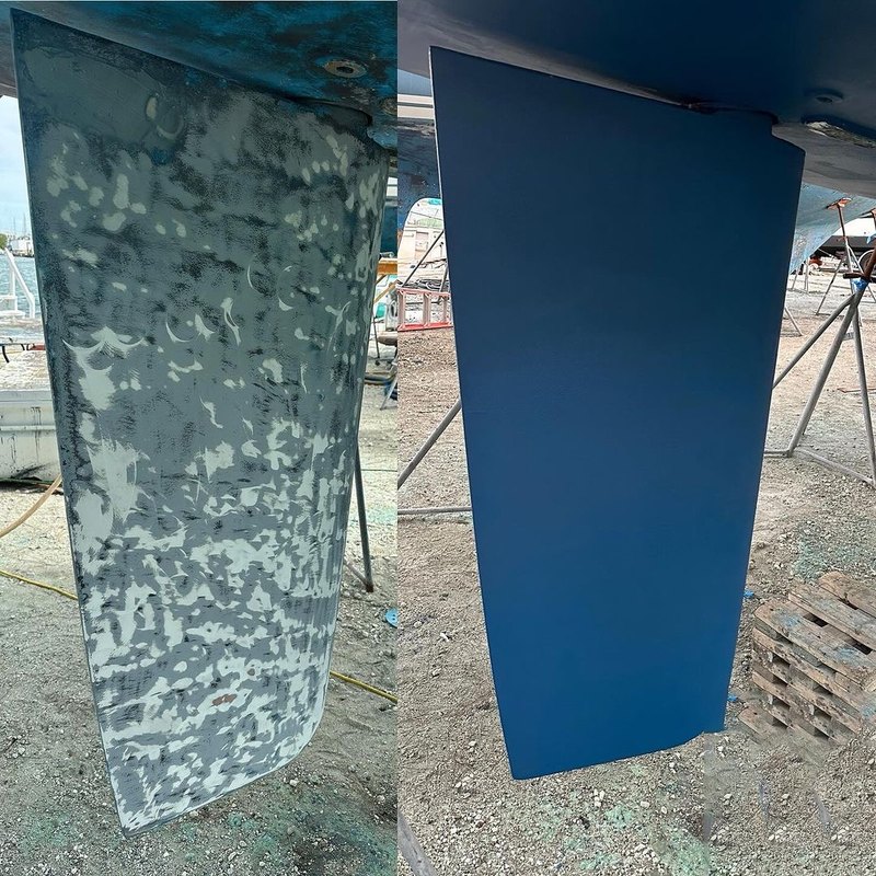 Rudder bottom paint before and after